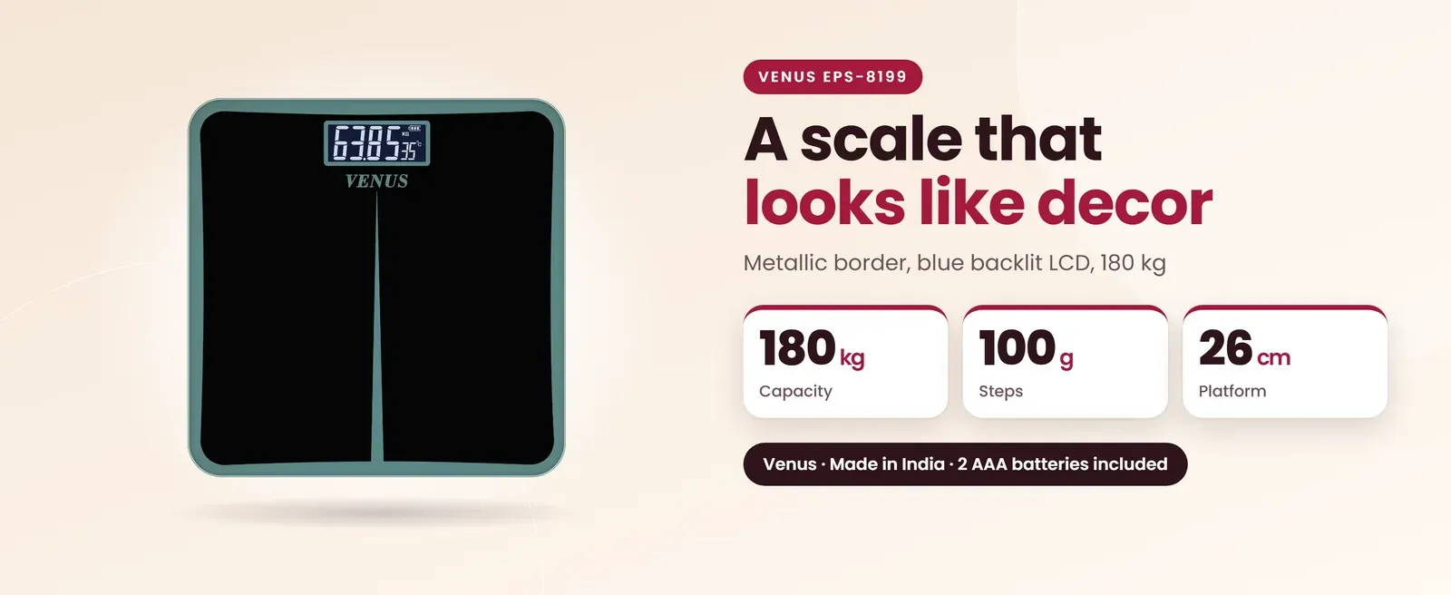 Venus EPS-8199 designer bathroom scale: Metallic border, blue backlit LCD, 180 kg