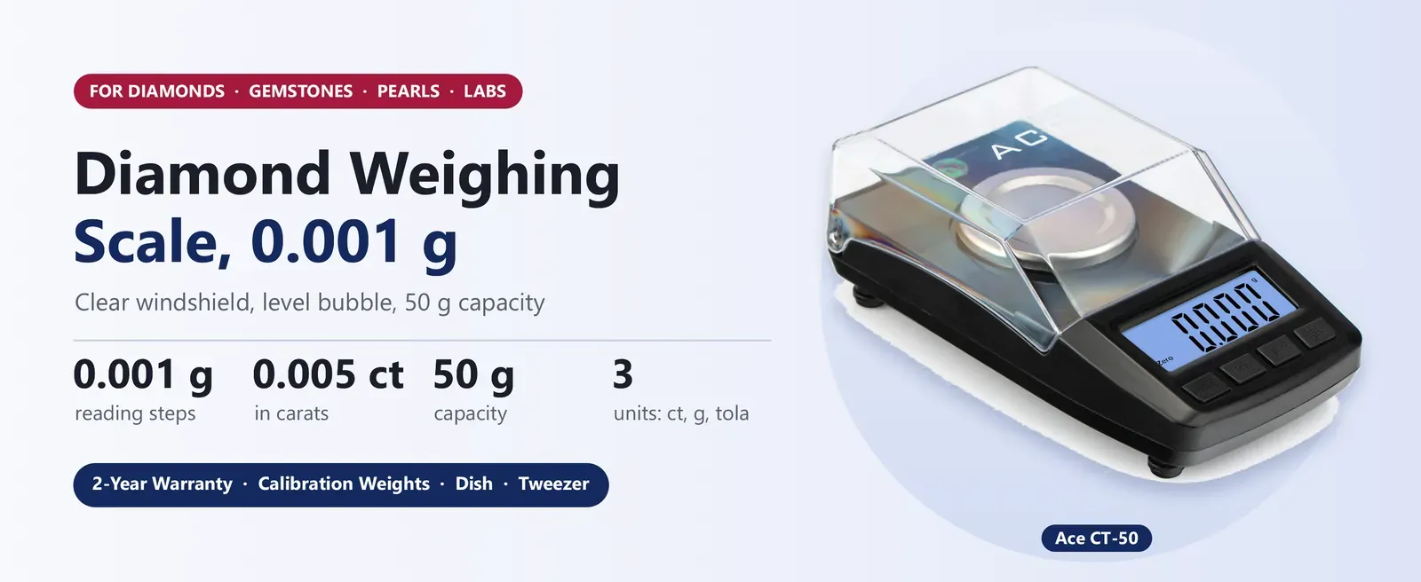 Ace CT-50 diamond weighing scale reading 0.001 g up to 50 g, with windshield, dish and calibration weights