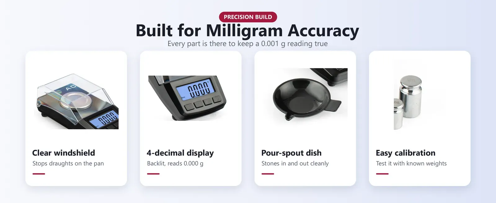 Diamond weighing scale build: clear windshield, 4-decimal backlit display, pour-spout dish and CAL key