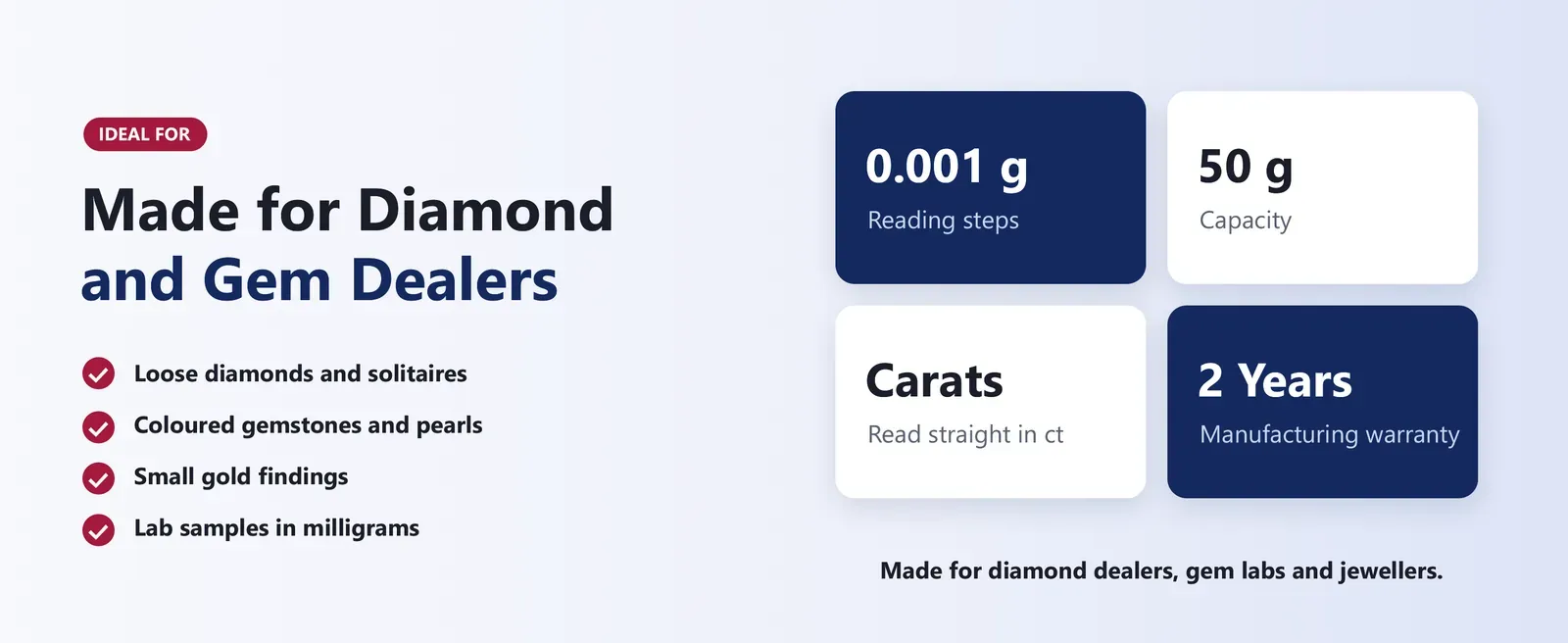 Diamond weighing scale uses: diamonds and solitaires, gemstones and pearls, gold findings, lab samples