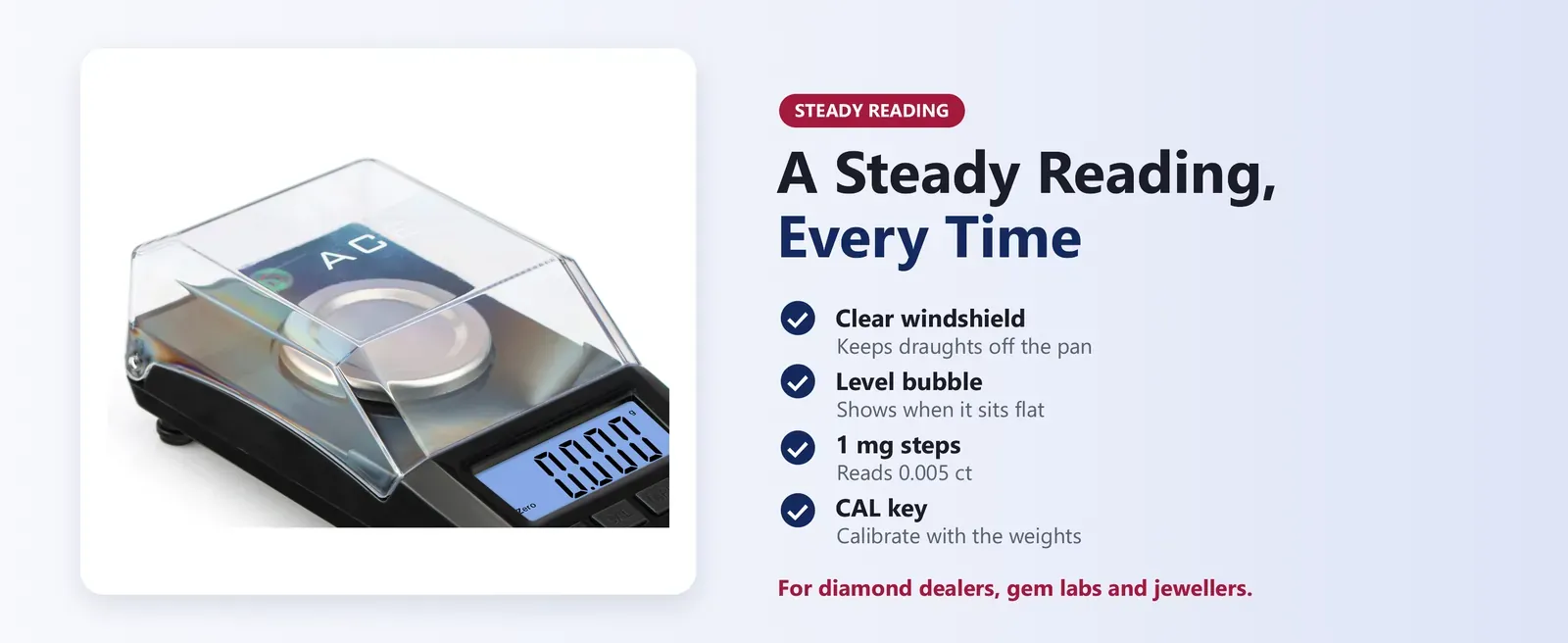 Diamond weighing scale with clear windshield and level bubble for a steady milligram reading