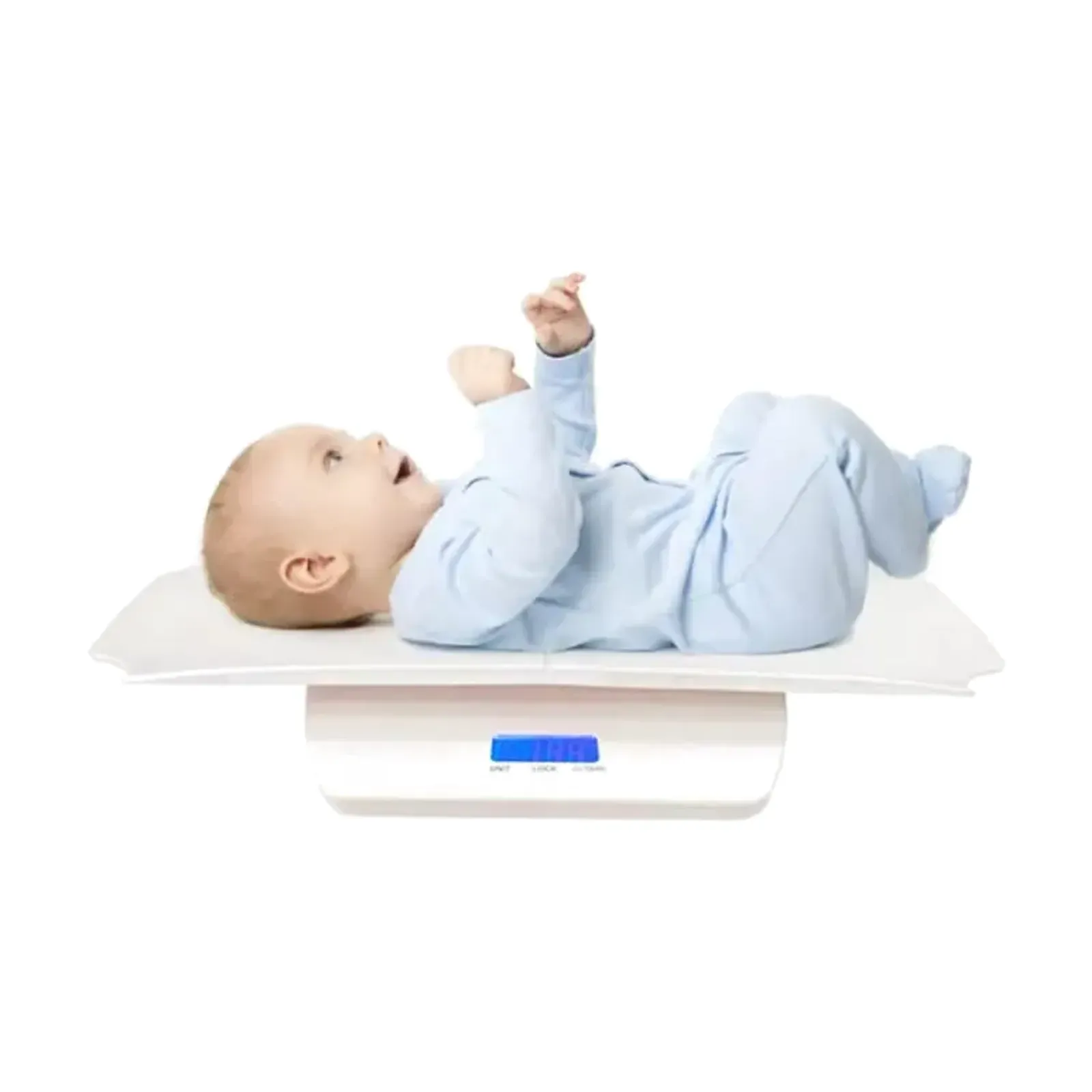 Ace KS-810 digital baby weighing scale with a baby lying on the curved tray