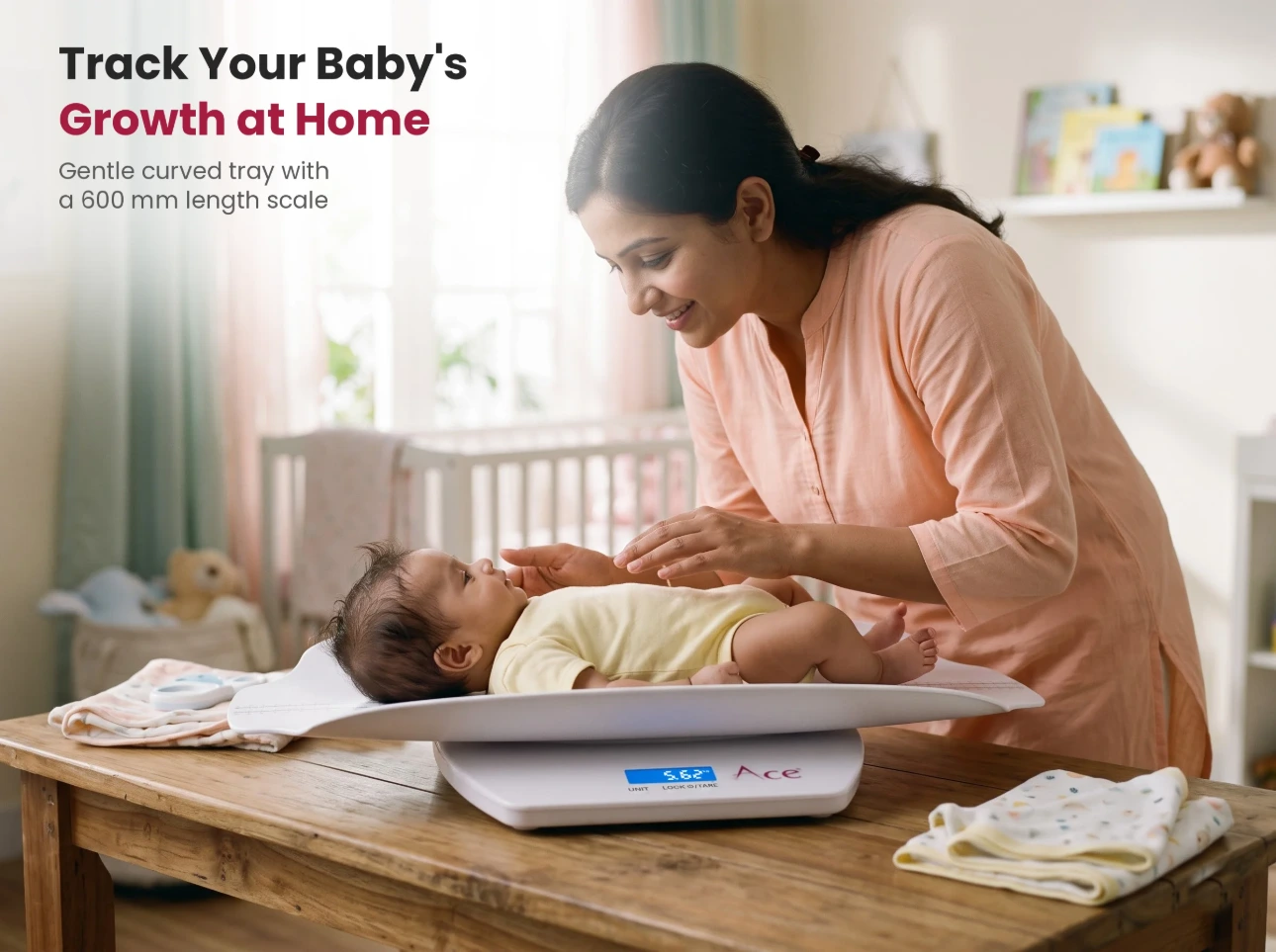 Track your baby's growth at home Mother weighing her baby at home on a digital baby scale with curved tray