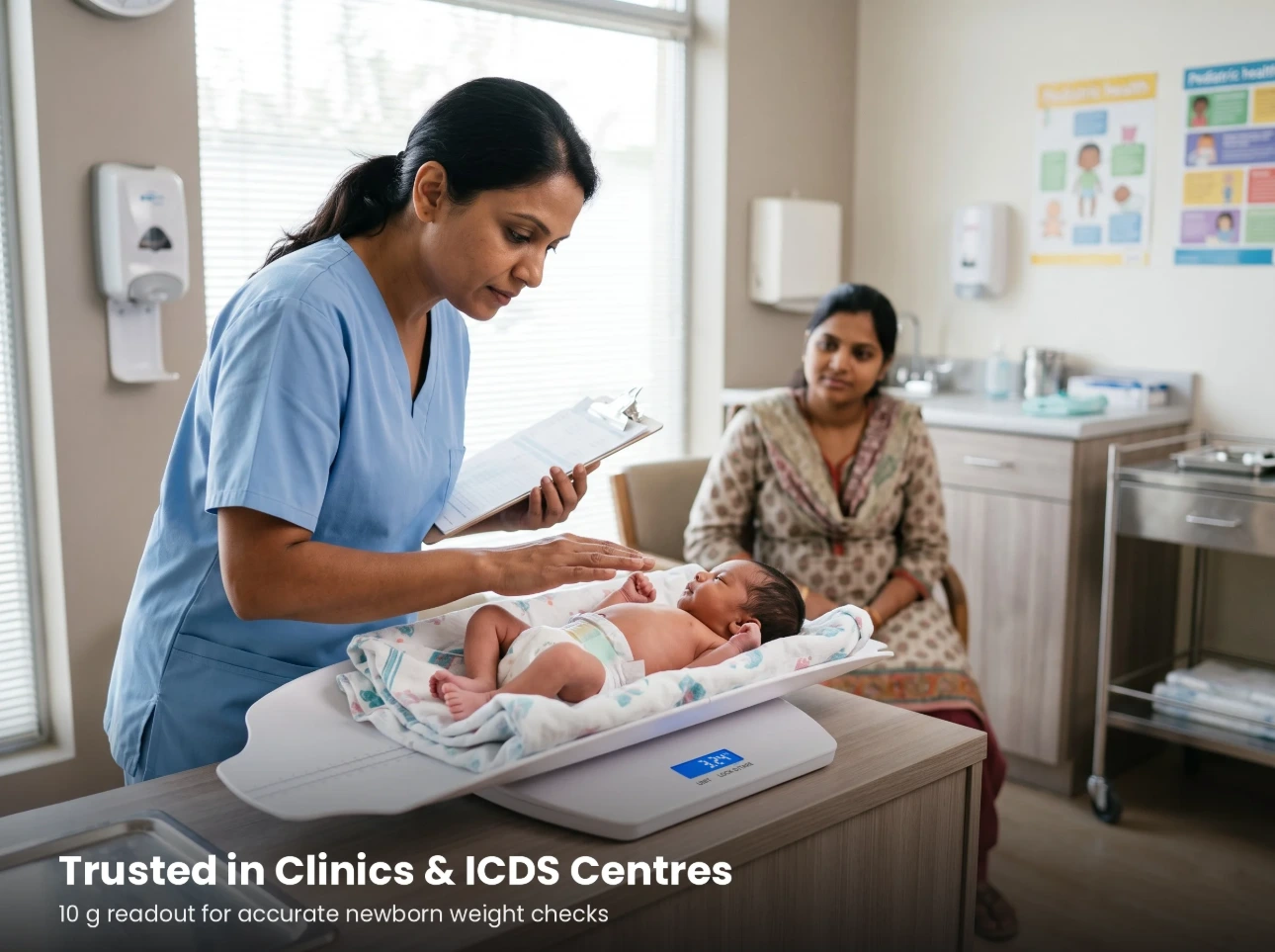 Baby weighing scale for clinics and ICDS centres Nurse weighing a newborn on a digital baby weighing scale in a clinic