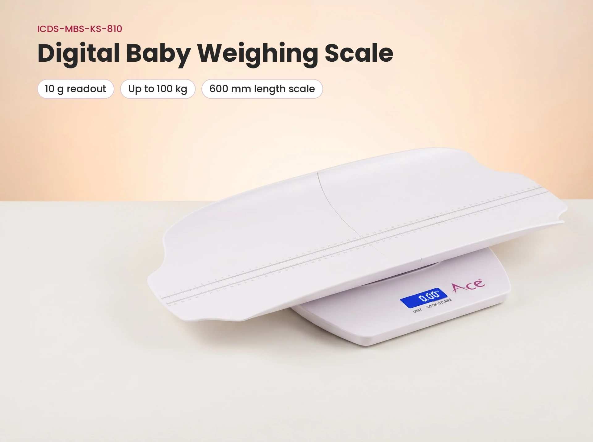 Digital Baby Weighing Scale – ICDS-MBS-KS-810 ICDS-MBS-KS-810 digital baby weighing scale with curved tray, 10 g readout and 100 kg capacity