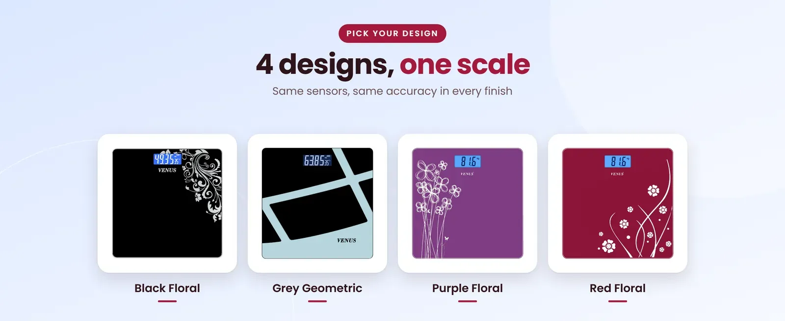Venus EPS-6399 digital bathroom scale in Black Floral, Grey Geometric, Purple Floral, Red Floral