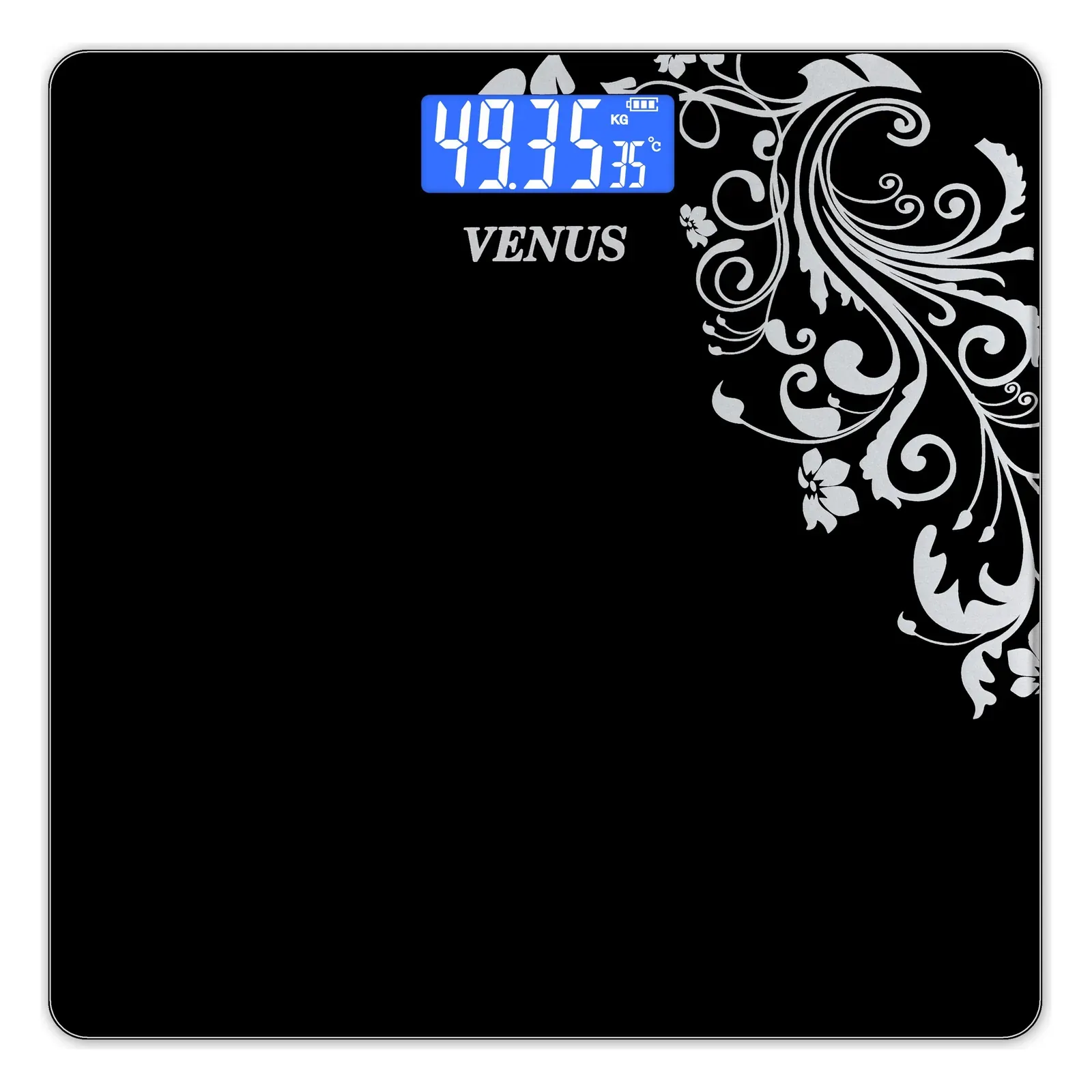 Venus EPS-6399 digital bathroom scale, Black Floral design, front view