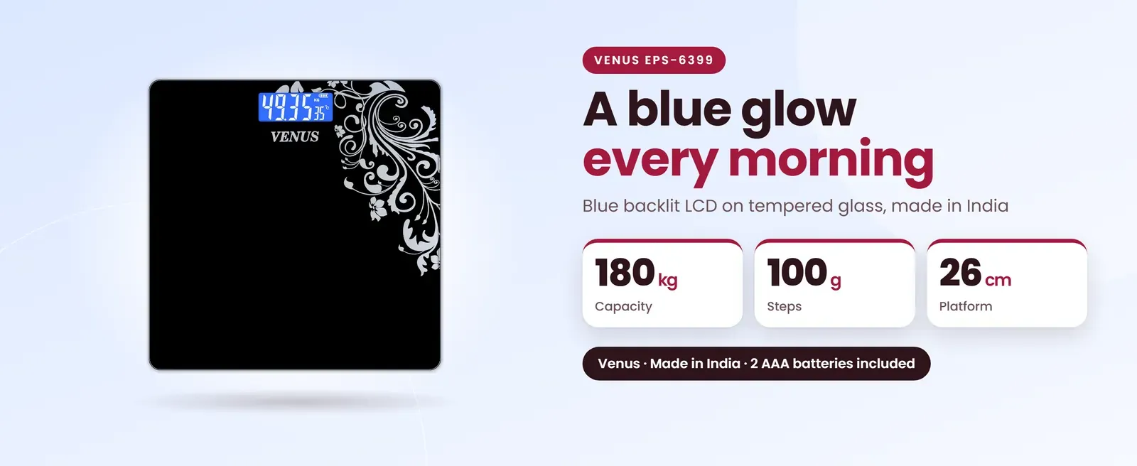 Venus EPS-6399 digital bathroom scale: Blue backlit LCD on tempered glass, made in India