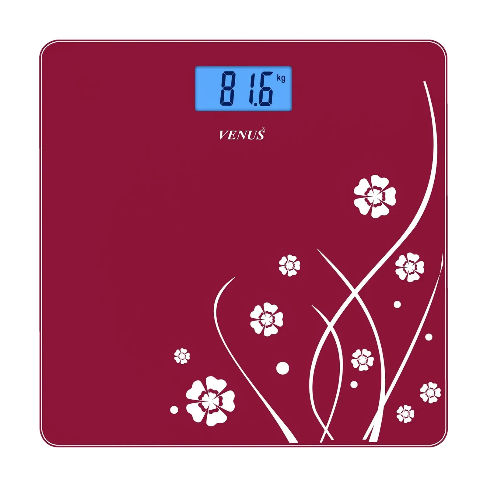 Red Floral design, front view Venus EPS-6399 digital bathroom scale, Red Floral design, front view