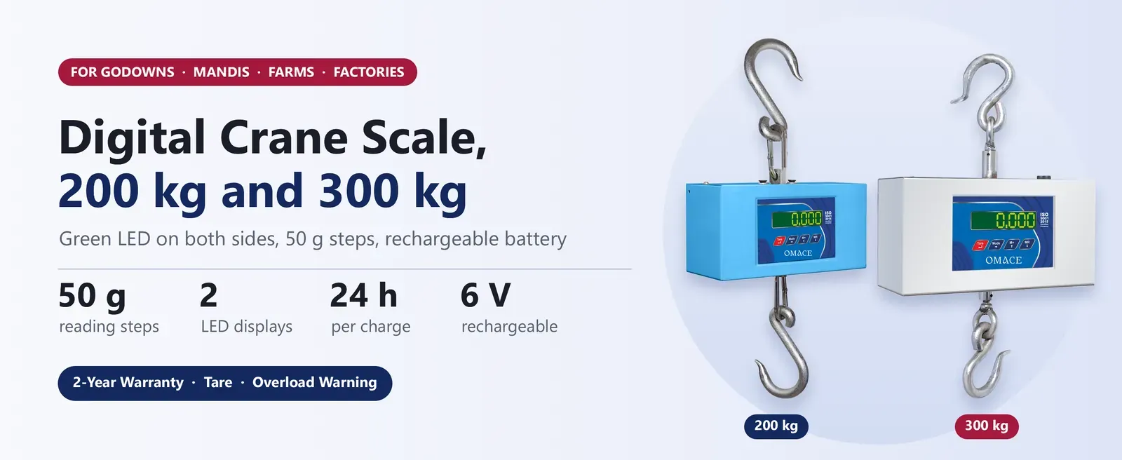 Omace digital crane scale in 200 kg and 300 kg with green LED display, 50 g steps and rechargeable battery