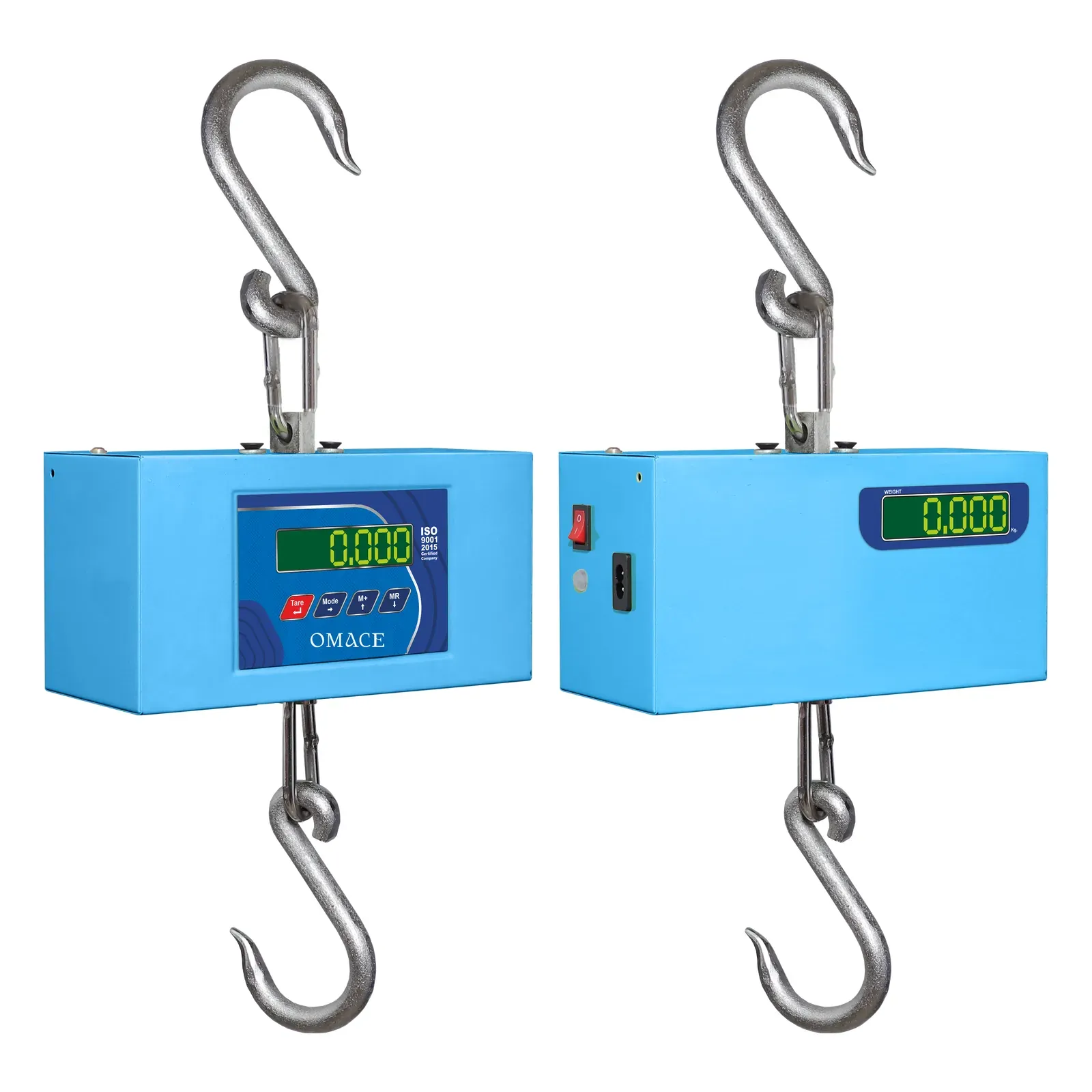 Omace digital crane scale, front and back, with green LED displays