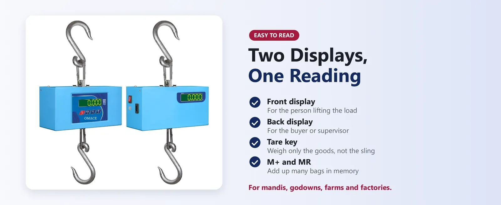 Omace digital crane scale with green LED display on the front and back, tare, M+ and MR keys