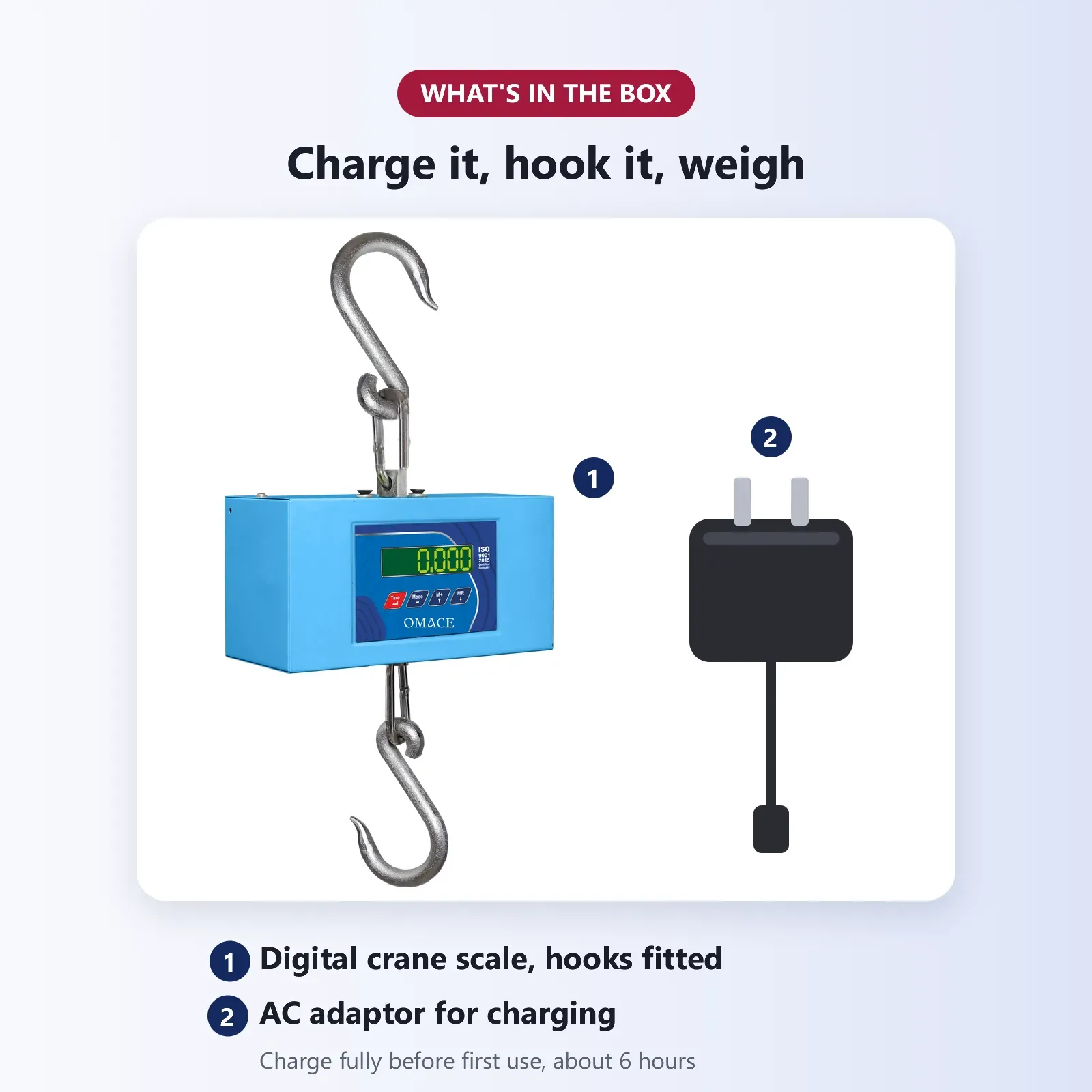 What's in the box: Omace digital crane scale with top and bottom hooks and AC adaptor