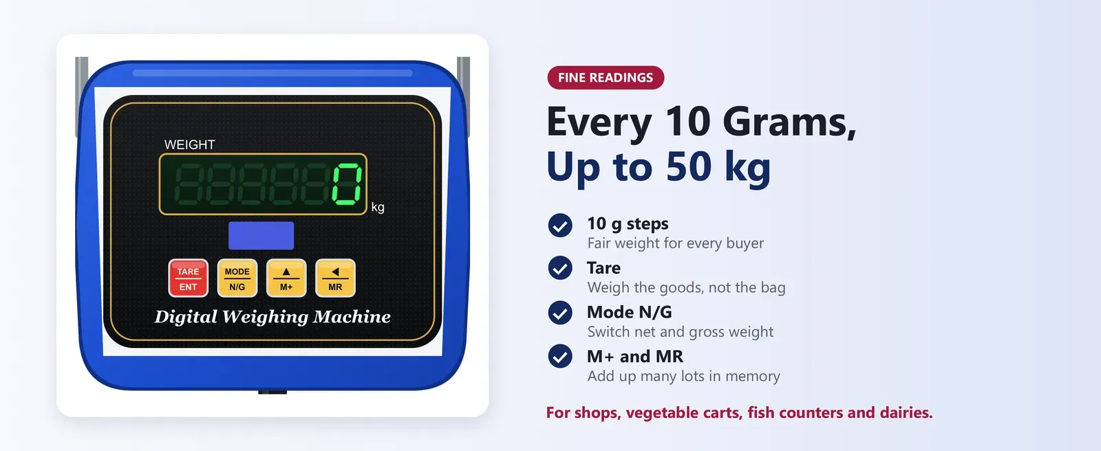 50 kg digital hanging scale display: green LED in 10 g steps with Tare, Mode N/G, M+ and MR keys