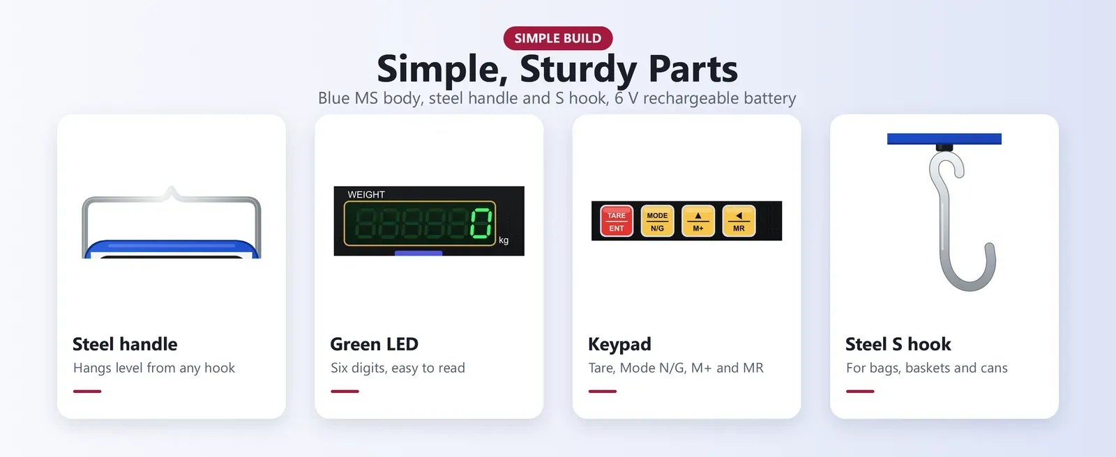 50 kg digital hanging scale parts: steel handle, blue MS body, keypad and steel S hook