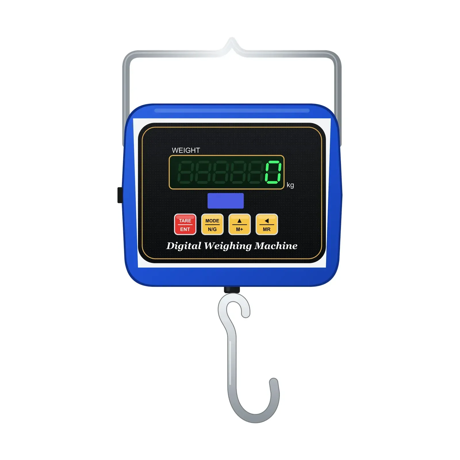 Omace OM-CS-M-50 digital hanging scale 50kg, front view with steel handle and S hook