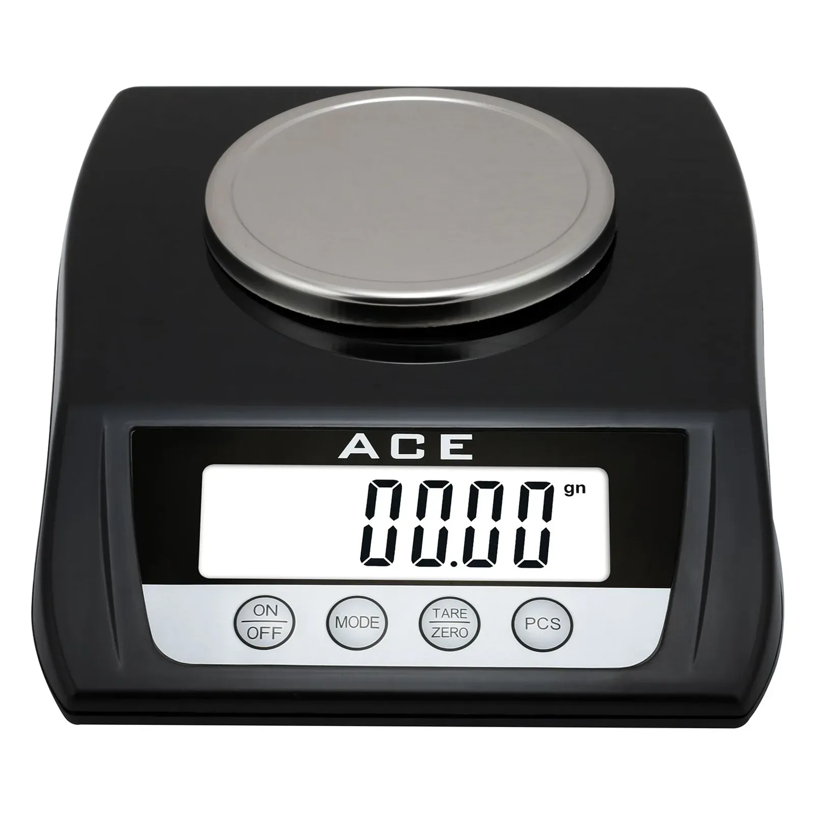 Ace KS-600 digital jewellery scale, front view of the backlit LCD