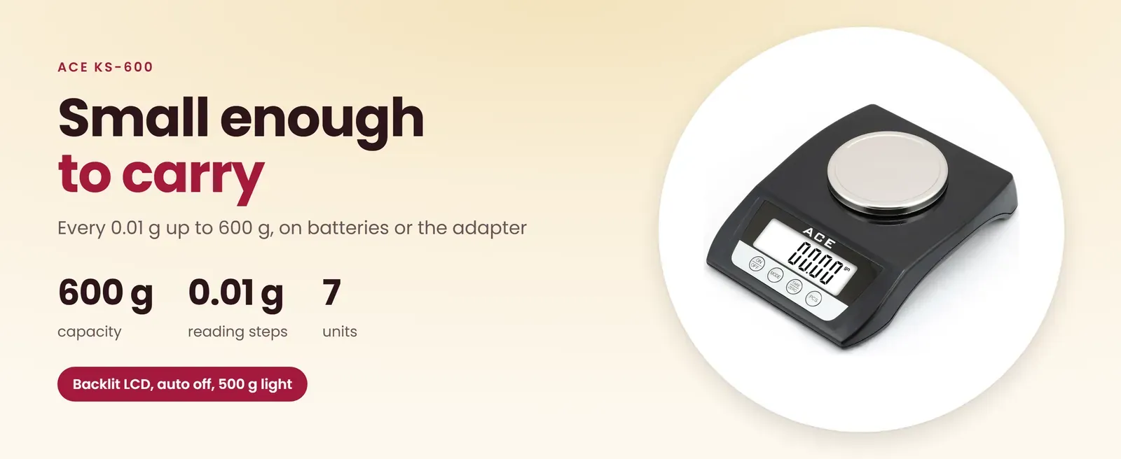 Ace KS-600 digital jewellery scale: 600 g in 0.01 g steps, backlit LCD, seven units, AAA batteries or adapter