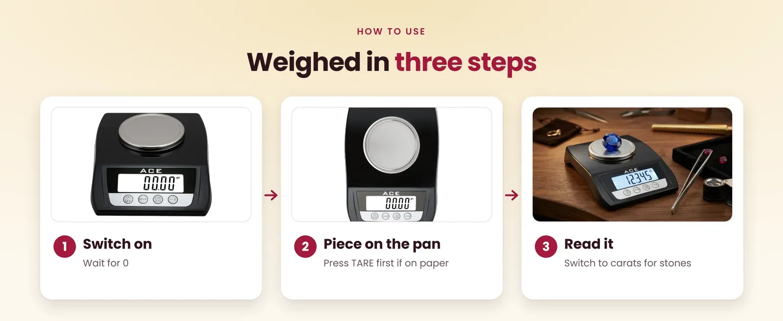 How to use the digital jewellery scale: switch on, put the piece on the pan, read it