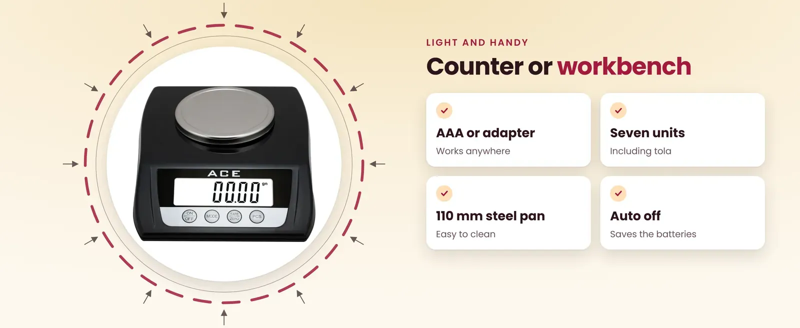 Digital jewellery scale features: AAA or adapter, seven units, 110 mm steel pan and auto off