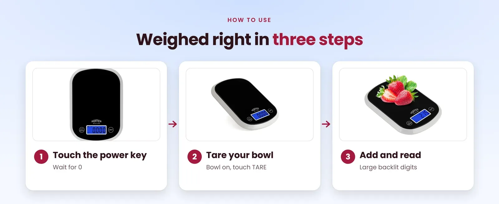 How to use the digital kitchen scale: touch the power key, tare your bowl, add and read