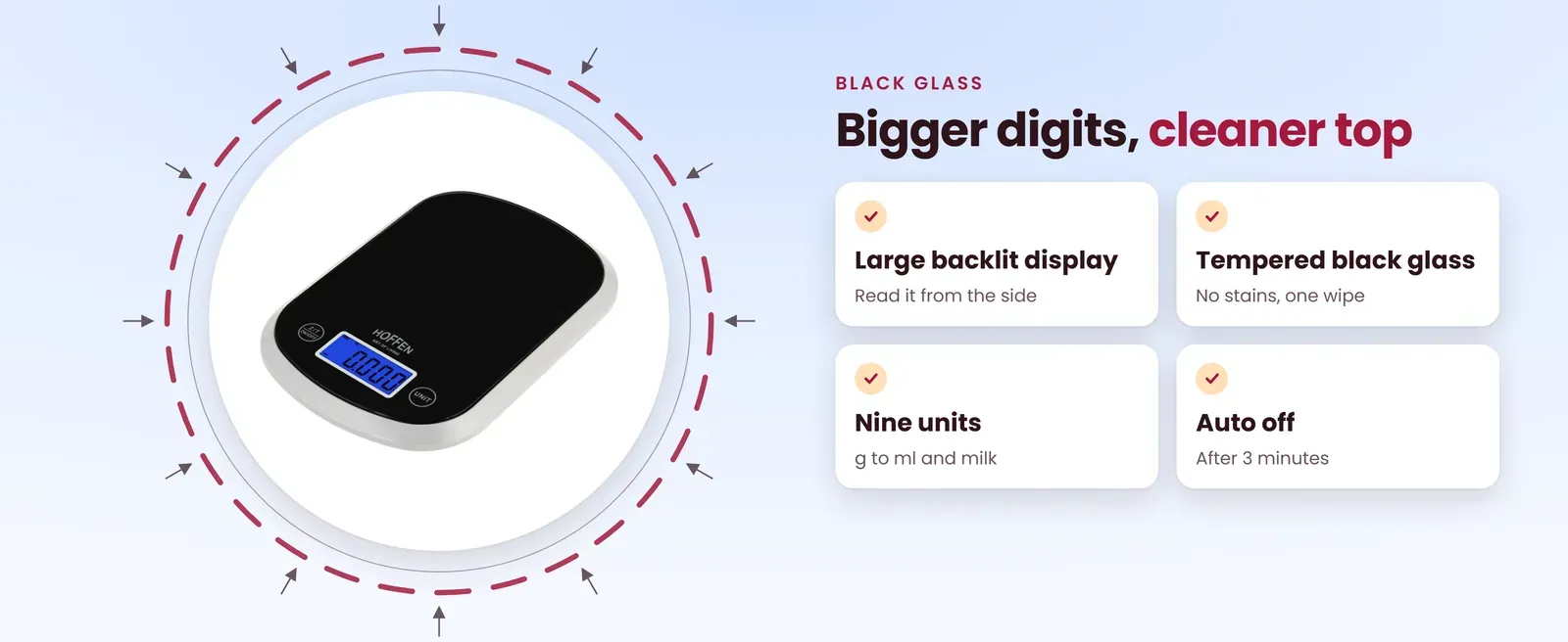 Digital kitchen scale features: large backlit display, black tempered glass, nine units and auto off