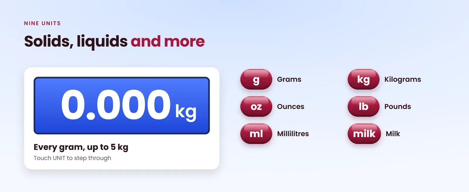 Digital kitchen scale nine units including grams, kilograms, ounces, pounds, millilitres and milk
