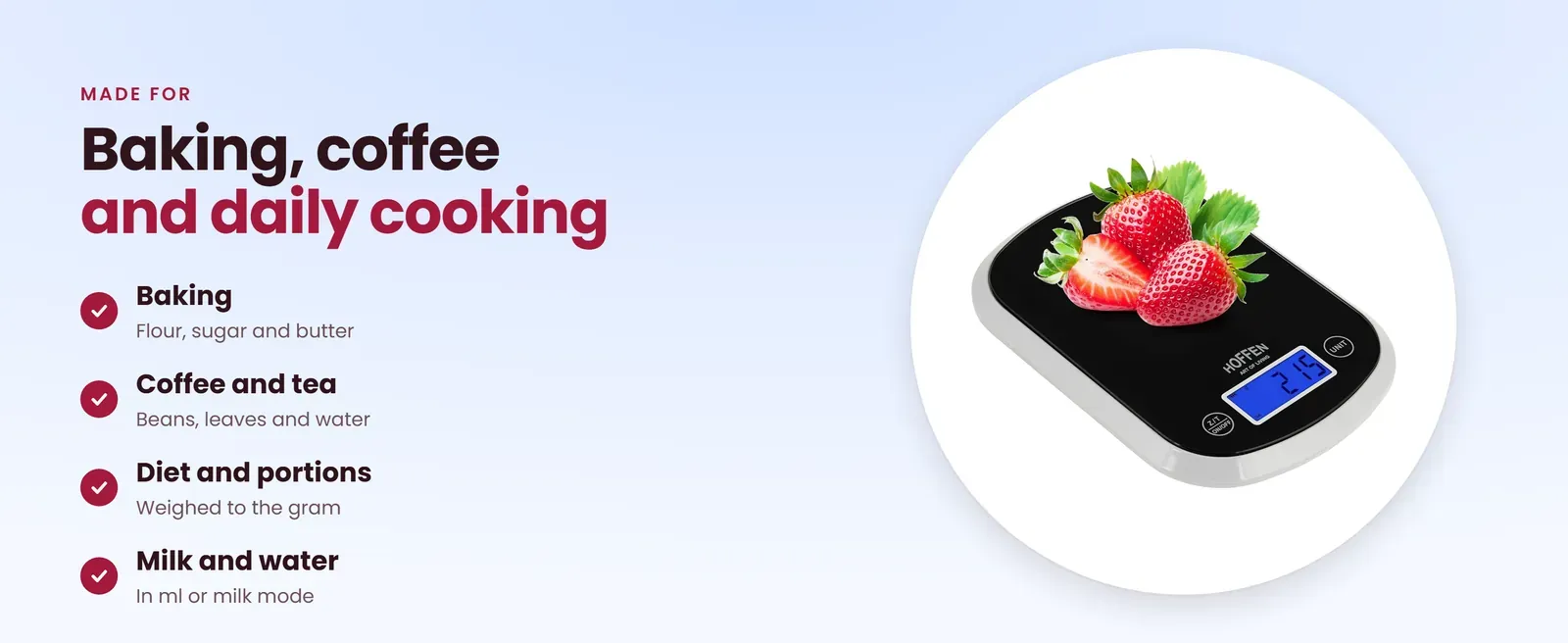 Digital kitchen scale for baking, coffee and tea, diet portions, milk and water