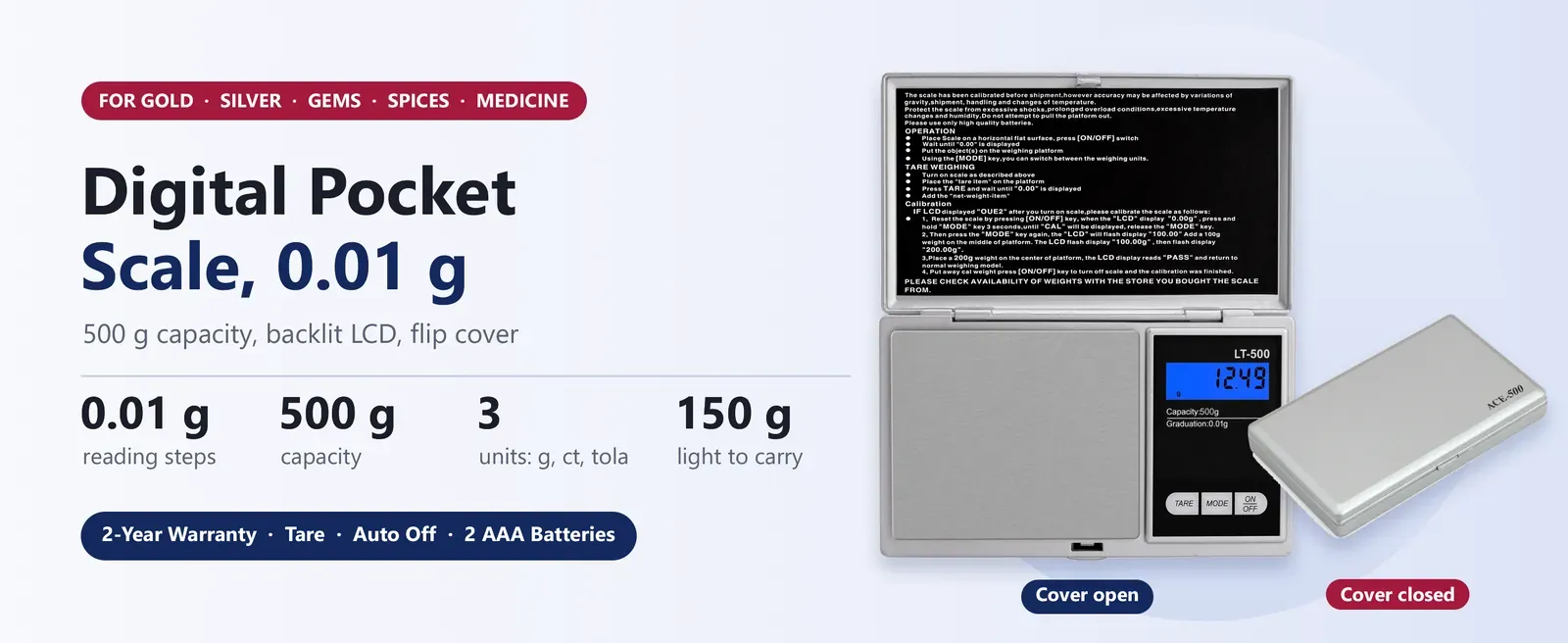 Ace LT-500 digital pocket scale reading 0.01 g, 500 g capacity, backlit LCD, flip cover