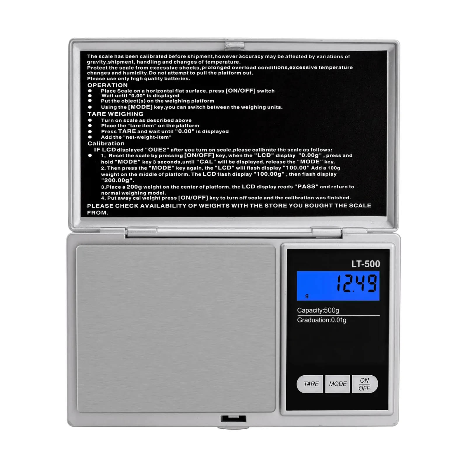Open, front view with backlit LCD Ace LT-500 digital pocket scale, open, front view with backlit LCD