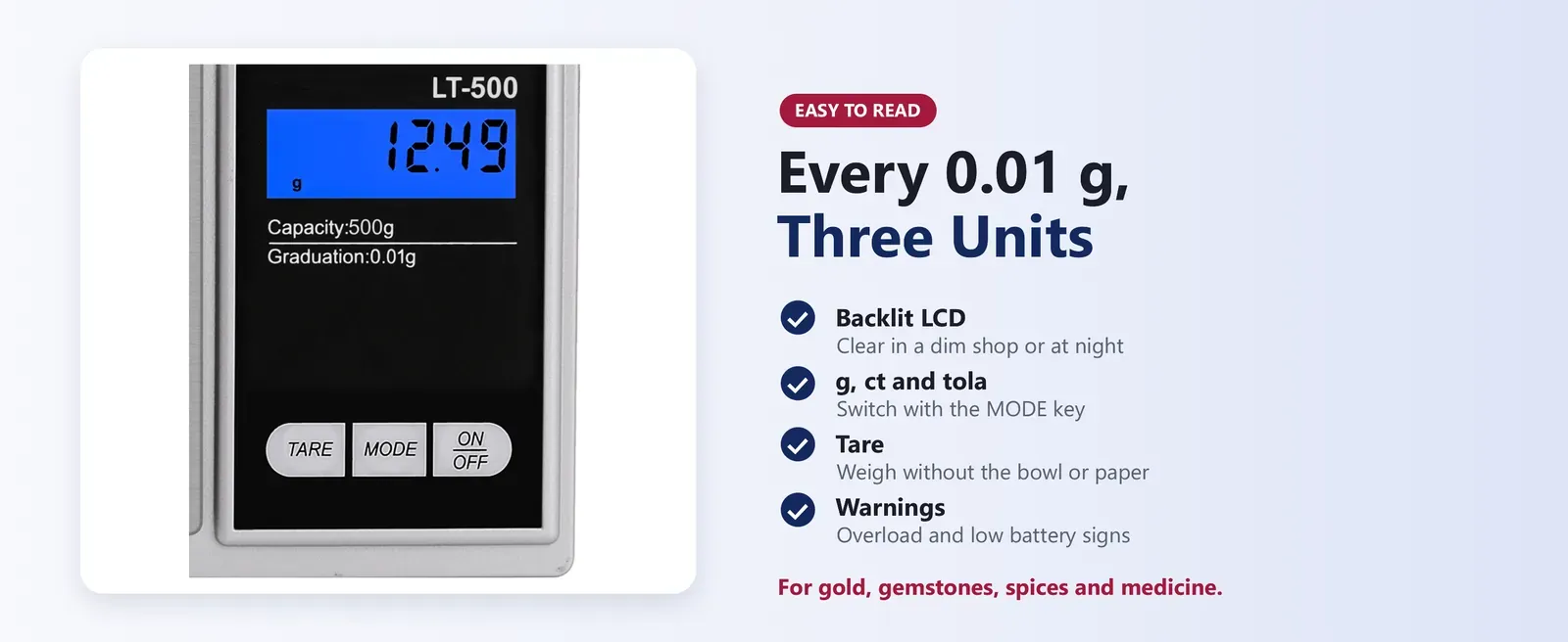 Digital pocket scale backlit LCD showing 0.01 g readings, with g, ct and tola units