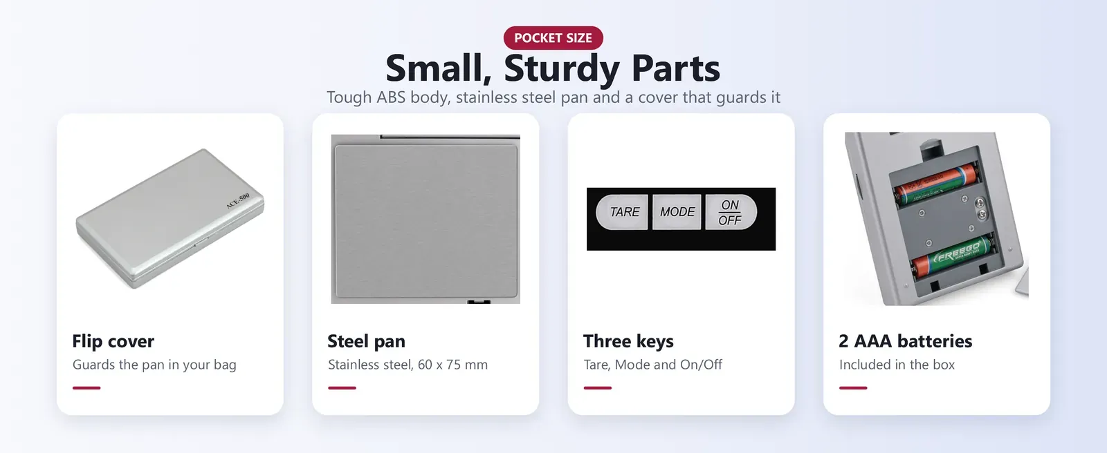 Pocket scale parts: flip cover, stainless steel pan, three-key keypad and AAA battery compartment