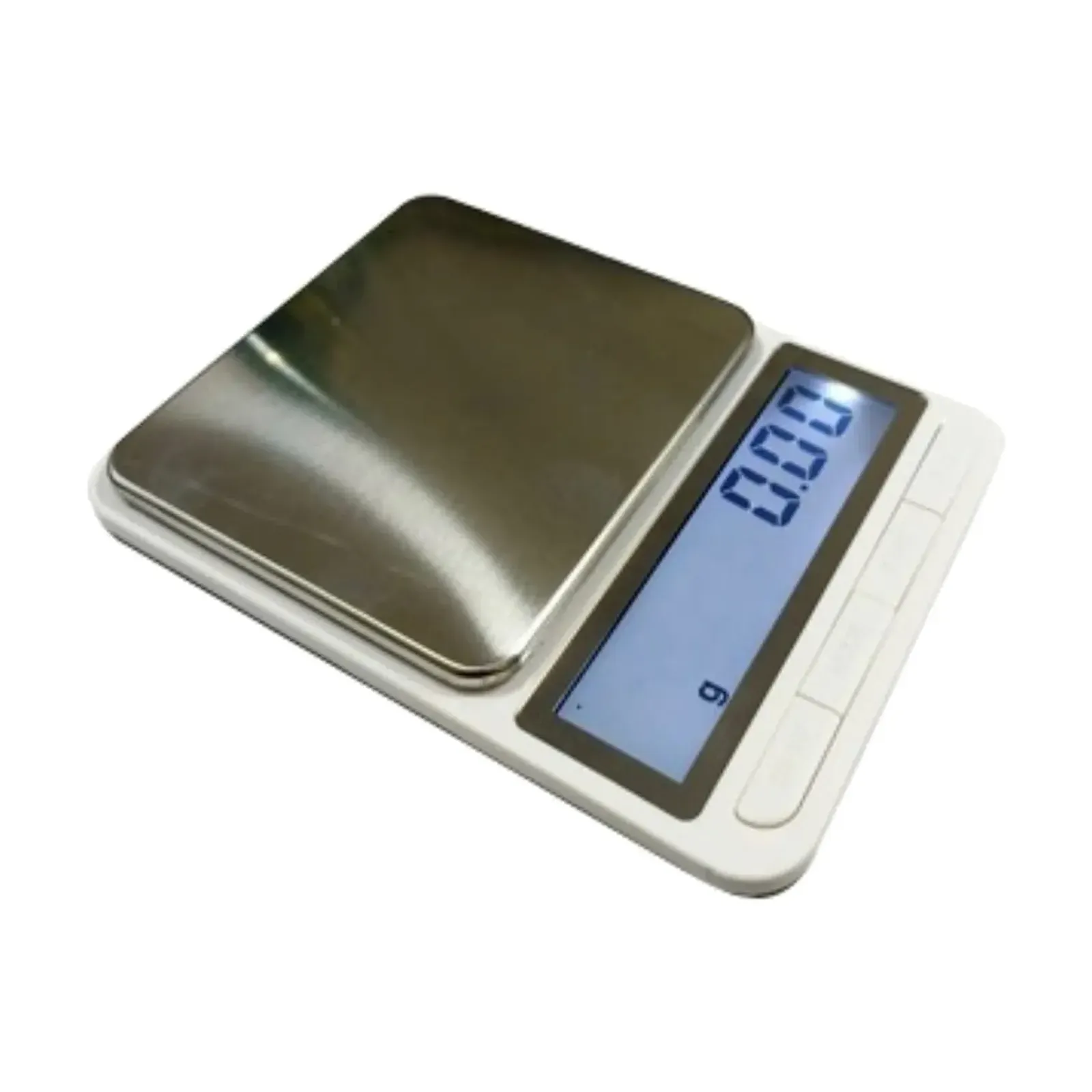 Ace KE-500 digital scale for gold and silver, front view with large steel pan and backlit display