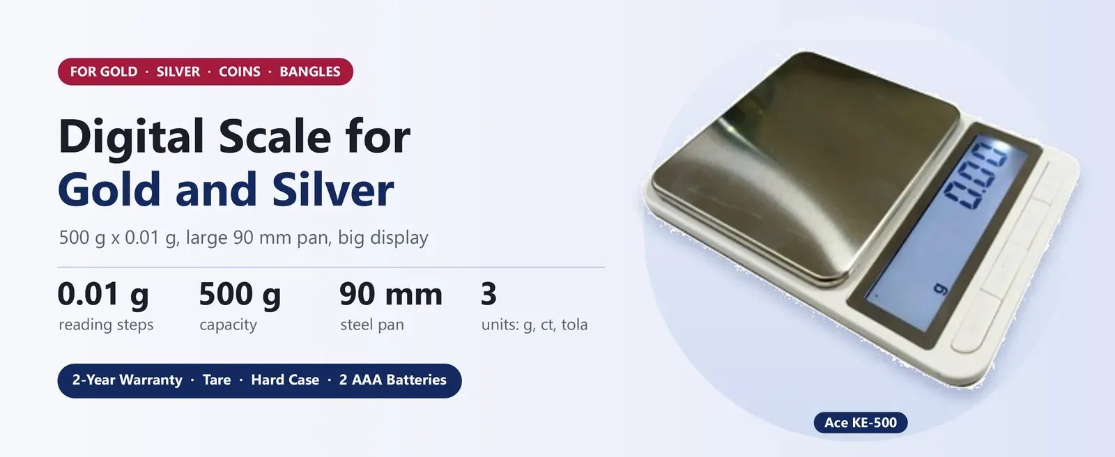 Ace KE-500 digital scale for gold and silver, 500 g in 0.01 g steps, large 90 mm pan and big display