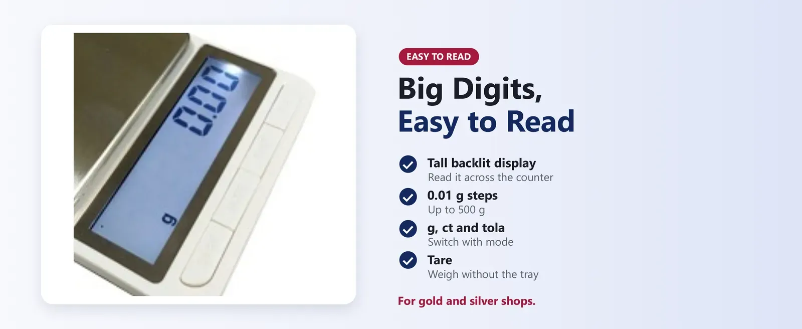 Gold and silver scale with a tall backlit display showing big 0.01 g digits