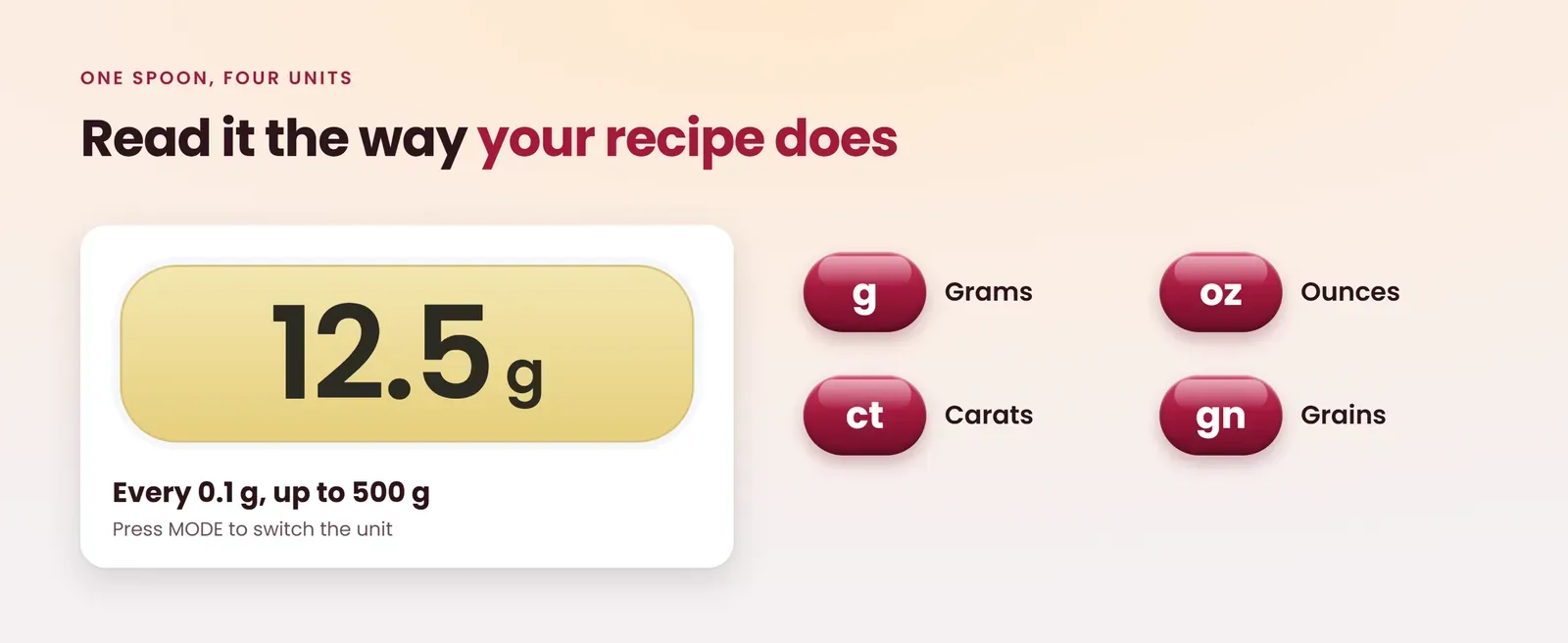 Digital spoon scale reads 0.1 g and switches between grams, ounces, carats and grains