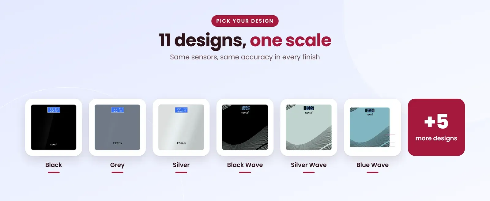 Venus EPS-2001 digital weighing machine for body weight in Black, Grey, Silver, Black Wave, Silver Wave, Blue Wave, Blue Circles, Black Geometric, Black Floral, Purple Floral, Red Floral