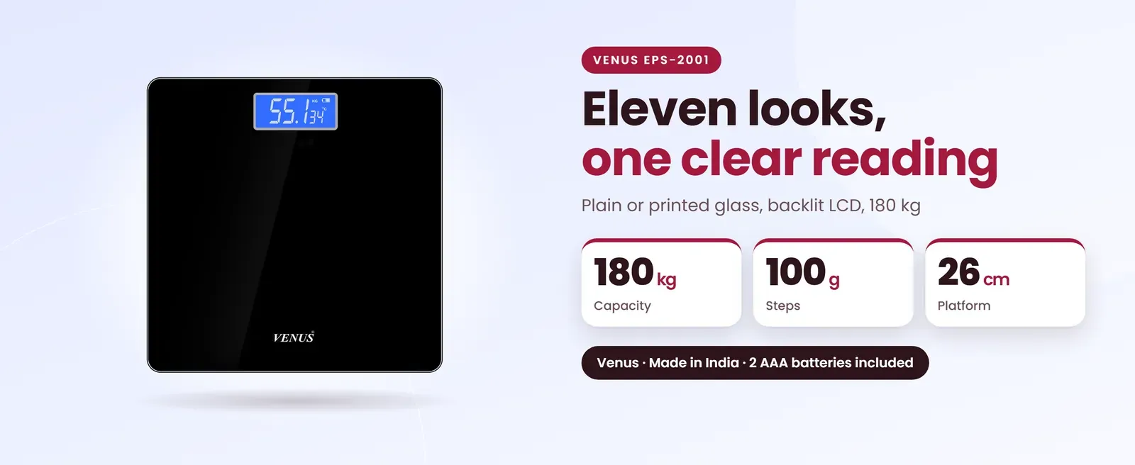 Venus EPS-2001 digital weighing machine for body weight: Plain or printed glass, backlit LCD, 180 kg
