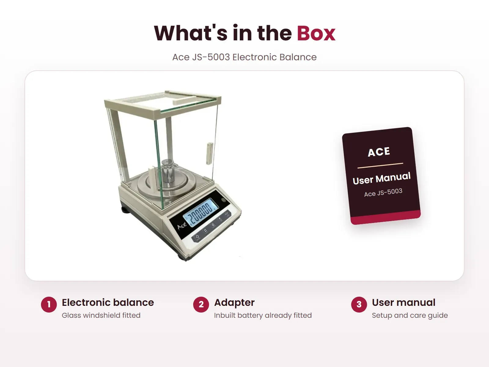 What's in the box: Electronic balance, Adapter and User manual, Ace JS-5003