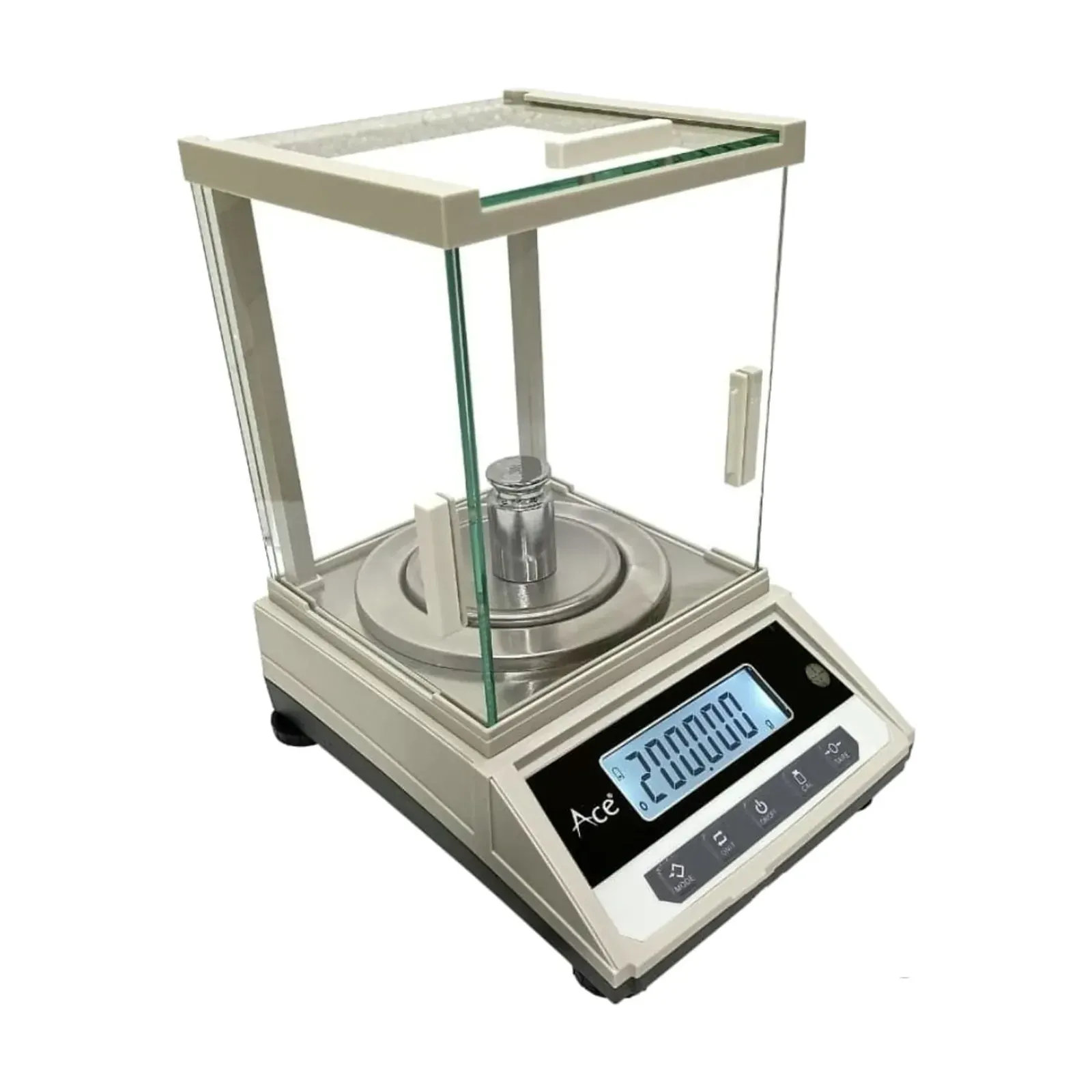 Angled view with glass windshield Ace JS-5003 electronic balance, angled view with glass windshield