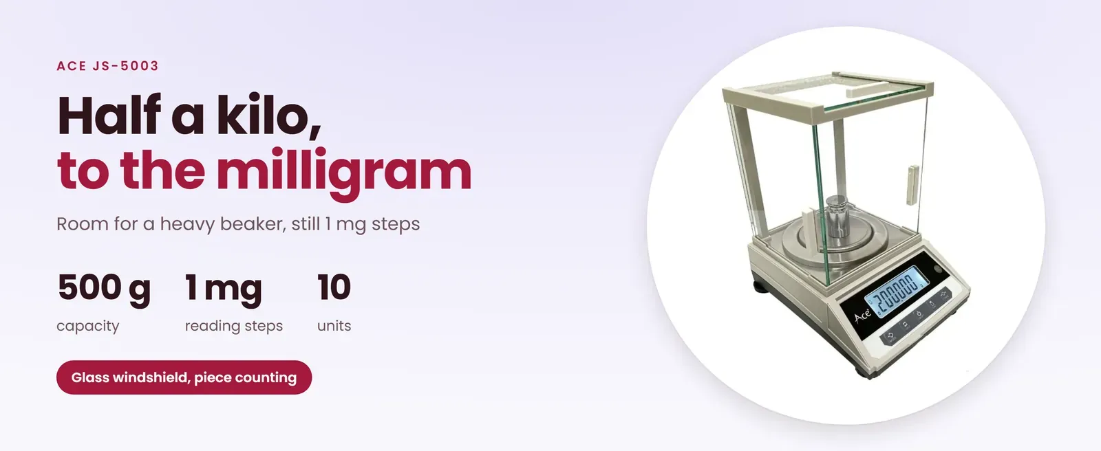 Ace JS-5003 electronic balance: 500 g in 1 mg steps, glass windshield and piece counting