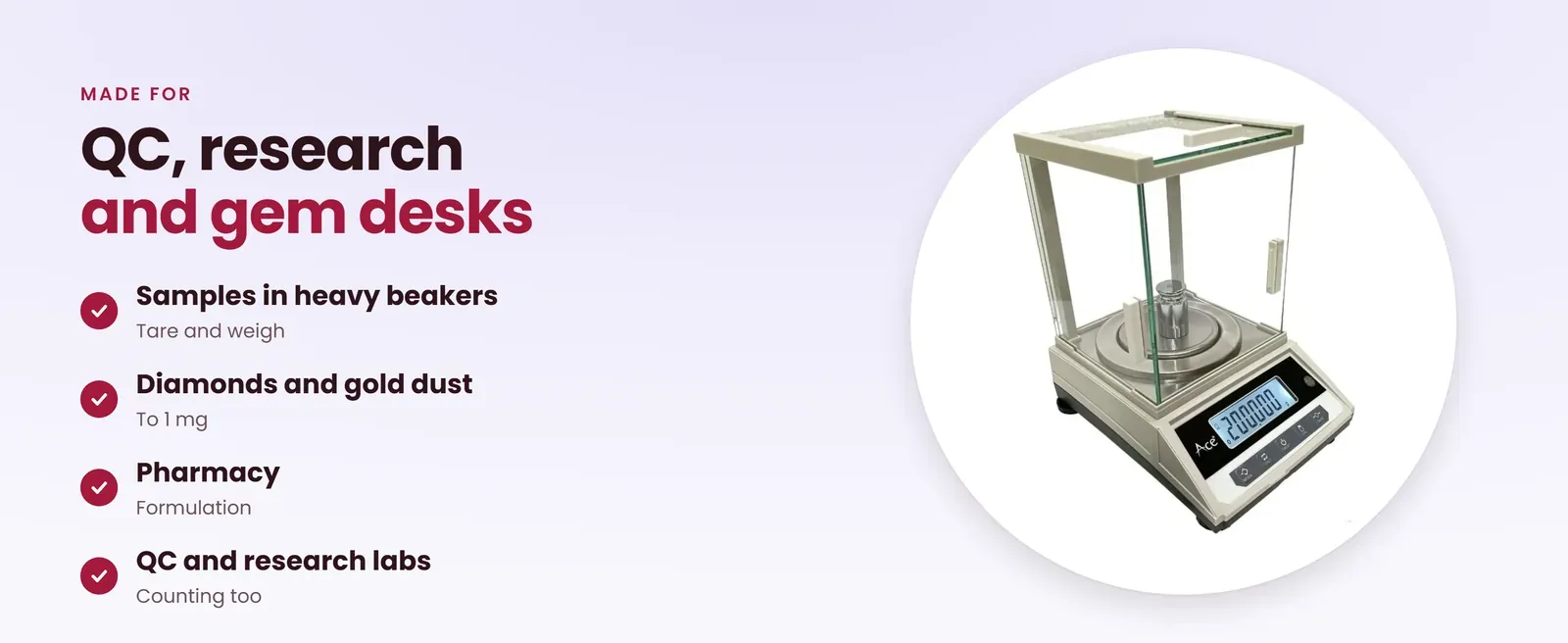 Electronic balance for samples in beakers, diamonds and gold dust, pharmacy and QC labs
