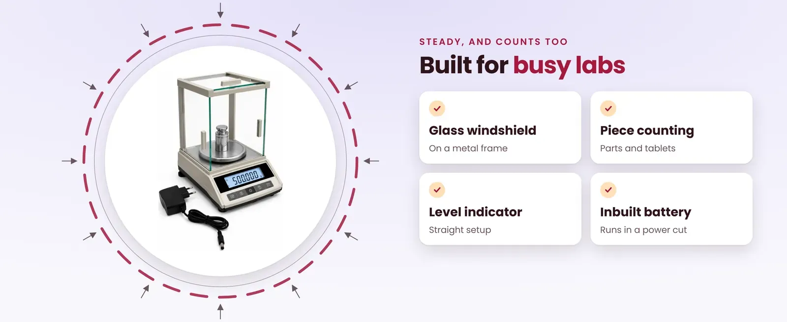 Electronic balance features: glass windshield, piece counting, level indicator, inbuilt battery