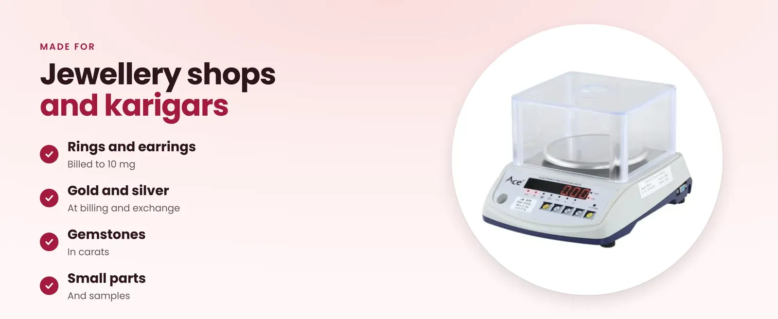 Electronic jewellery weighing scale for rings, gold and silver, gemstones and small parts