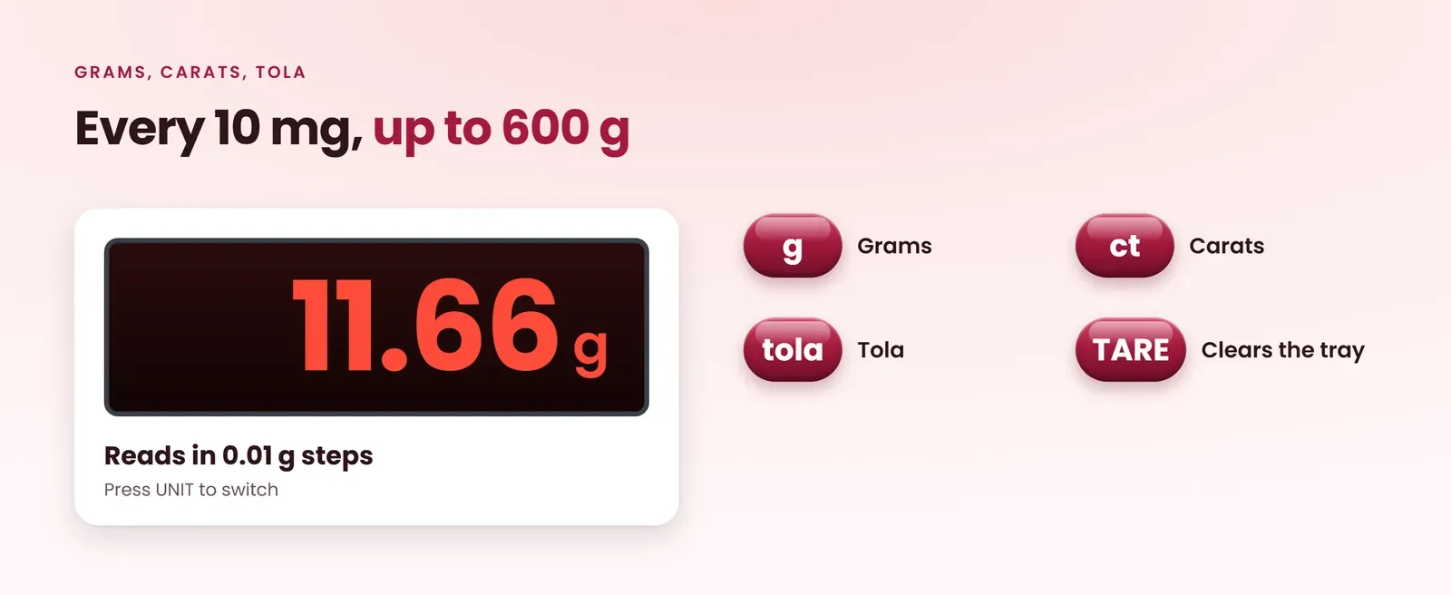Electronic jewellery weighing scale reads grams, carats and tola in 0.01 g steps up to 600 g