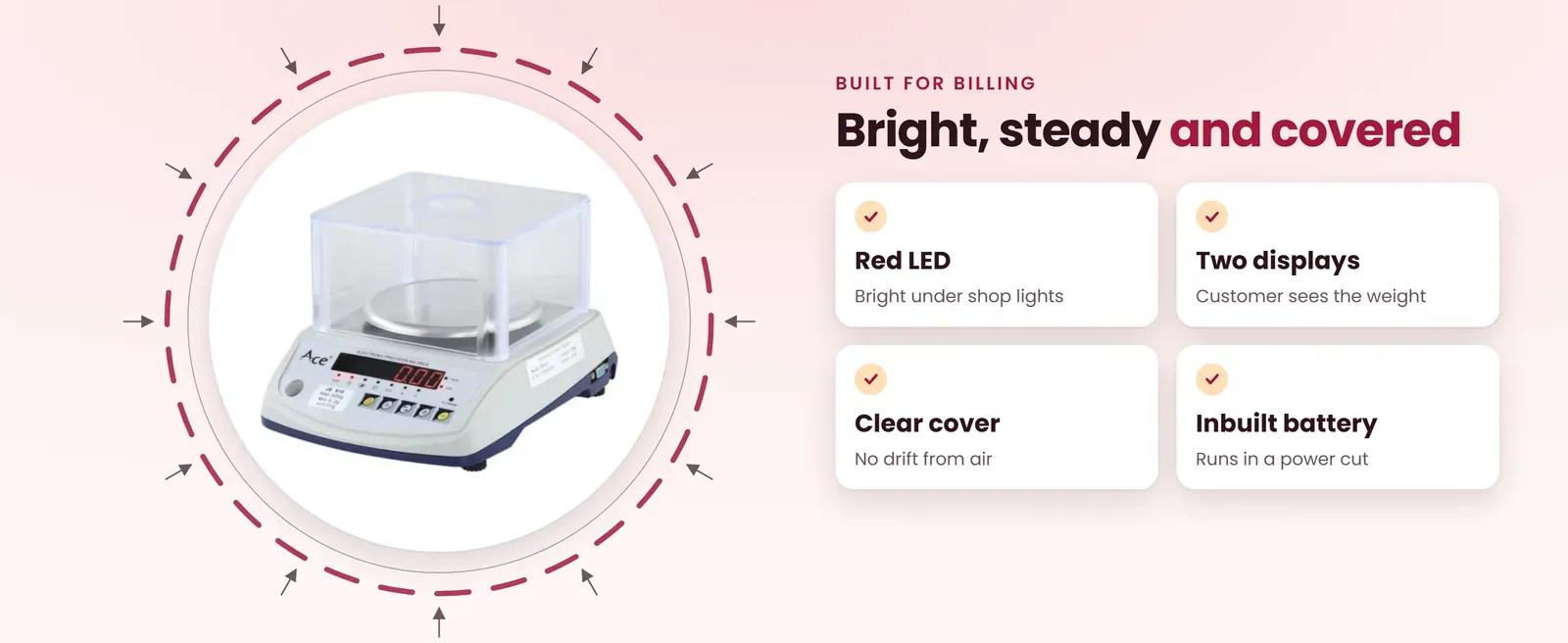 Electronic jewellery weighing scale features: red LED, two displays, clear cover and inbuilt battery