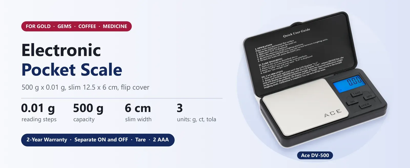 Ace DV-500 electronic pocket scale, 500 g in 0.01 g steps, slim 12.5 x 6 cm, flip cover