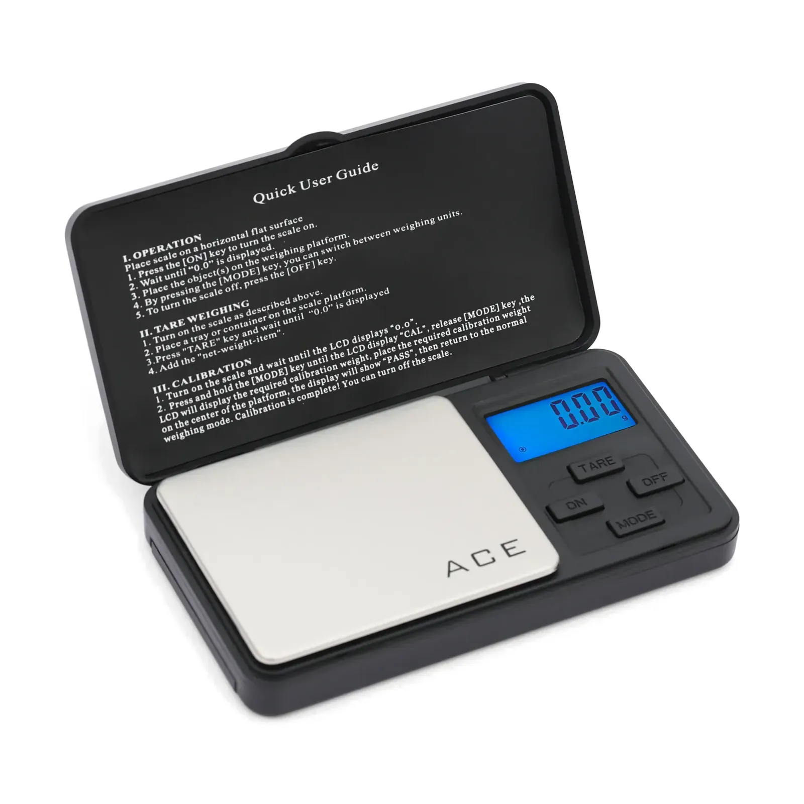 Ace DV-500 electronic pocket scale, open, with blue backlit display
