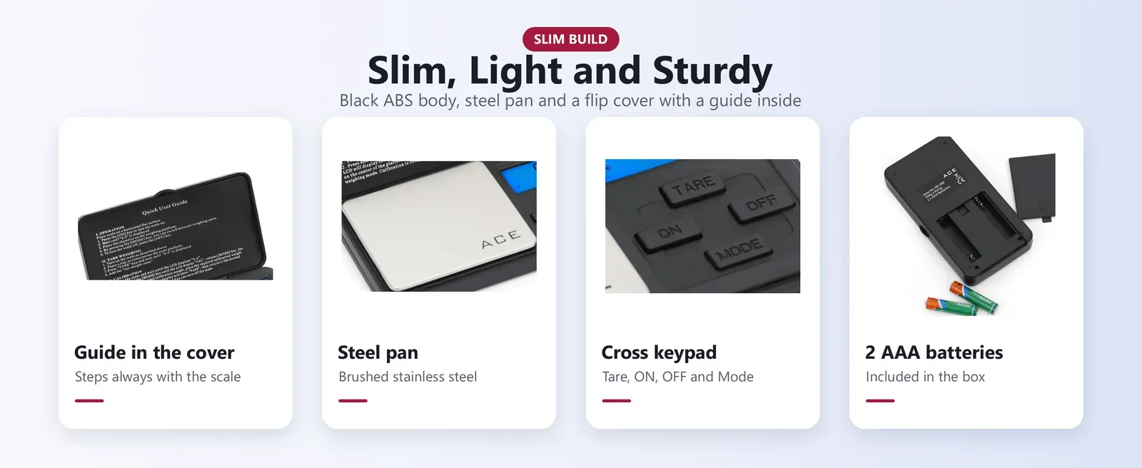 Slim pocket scale parts: flip cover with guide inside, steel pan, cross keypad, AAA batteries