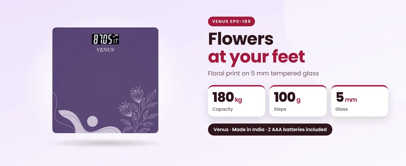 Venus EPS-189 floral bathroom scale: Floral print on 5 mm tempered glass